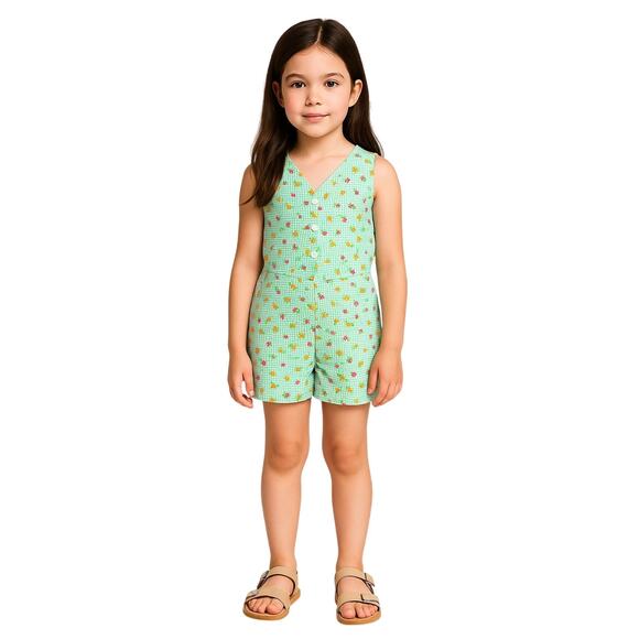 Vintage Rachel’s Kids Girls Floral Gingham Romper  S 7/8 Green Criss Cross Back - Picture 1 of 5